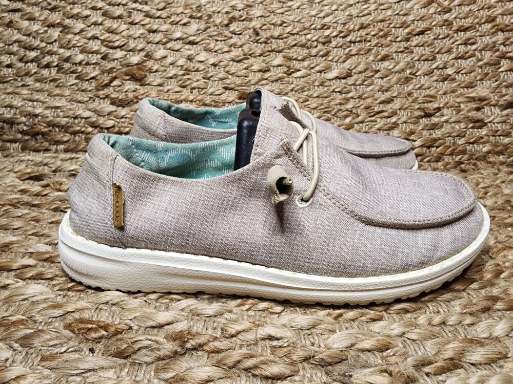 Hey Dude Women's 7 Wendy Chambray Casual Sneakers Beige Fabric Lace Up Low Top